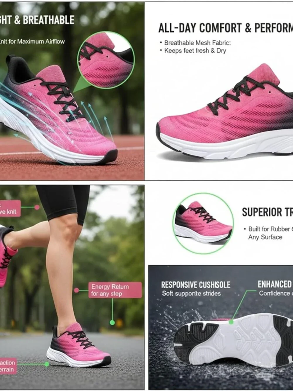 Women's Rose Red Black Running Shoes Breathable Casual Non Slip Walking Sneakers